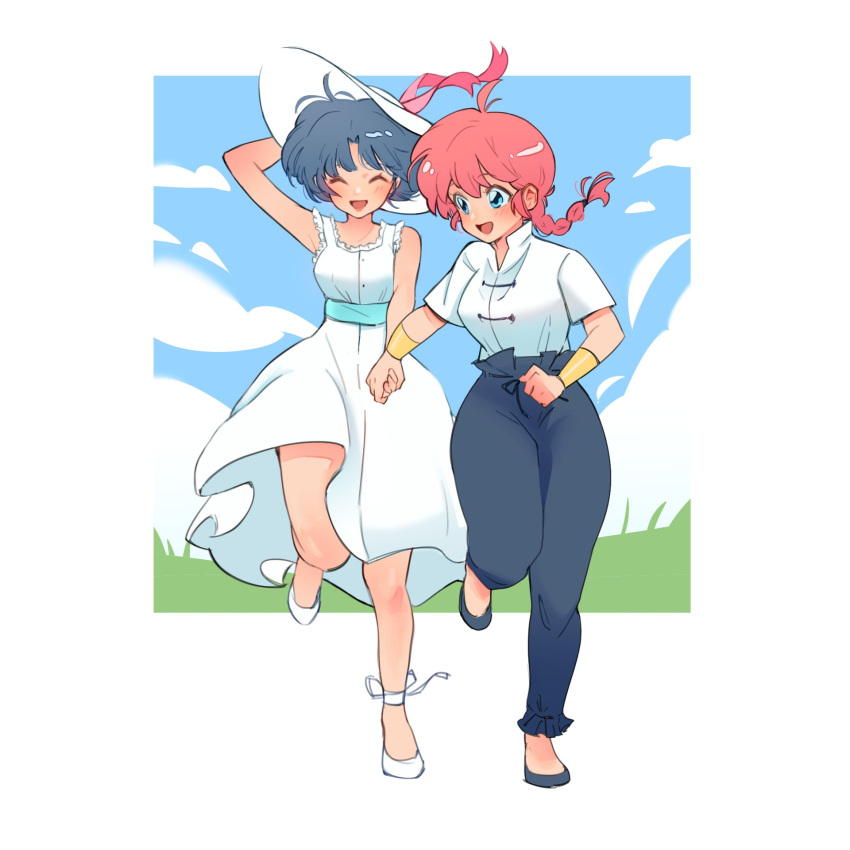 2girls, black_footwear, blue_eyes, blue_hair, blush, breasts, closed_eyes, clouds
