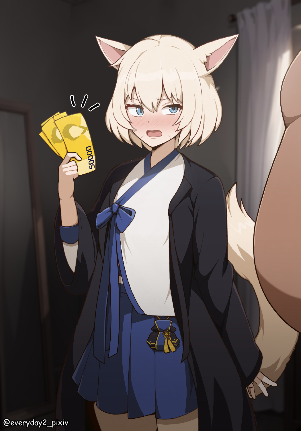 1boy, 1girl, :o, animal_ears, banknote, blonde_hair, blue_eyes, blue_hakama