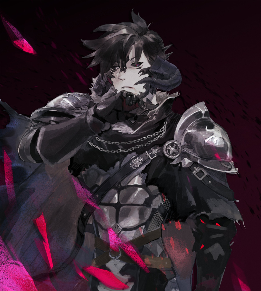 1boy, absurdres, armor, au_ra, black_cape, black_hair, black_sclera, breastplate, cape, colored_sclera, final_fantasy, final_fantasy_xiv, gg_dal, heterochromia, highres, horns, looking_at_viewer, male_focus, pauldrons, red_eyes, shoulder_armor, solo, torn_cape, torn_clothes, warrior_of_light_(ff14), white_eyes