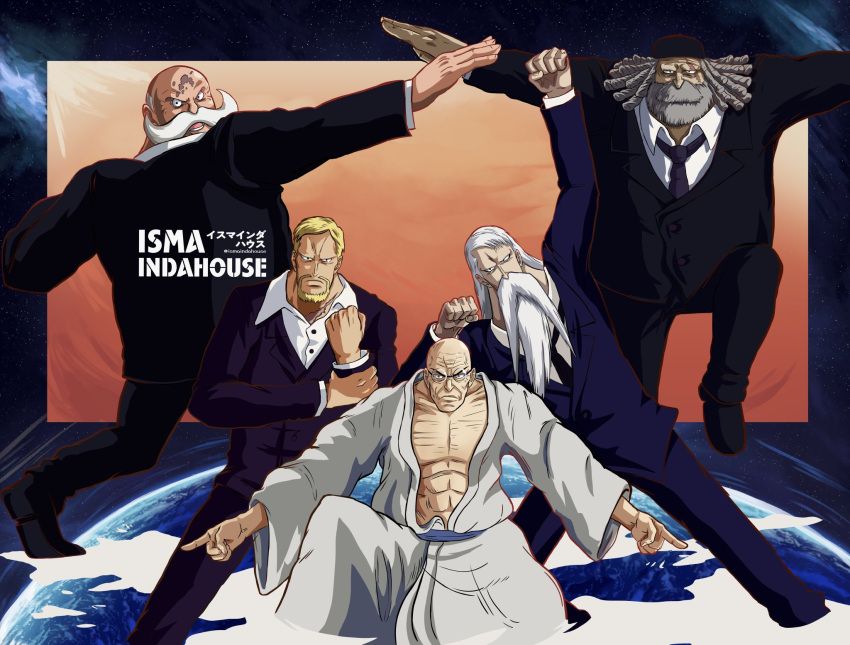 5boys, artist_name, bald, beard, birthmark, black_necktie, black_suit, blonde_hair