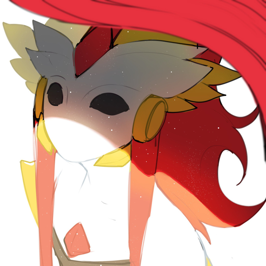 1girl, black_eyes, colored_skin, dubu_(dubus2), highres, horns, kindred_(league_of_legends), lamb_(league_of_legends), league_of_legends, long_hair, no_mouth, red_horns, redhead, shadowfire_kindred, solo, upper_body, white_skin