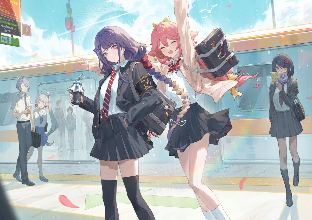 3boys, 4girls, alternate_costume, alternate_universe, bag, black_bag, black_footwear, black_jacket