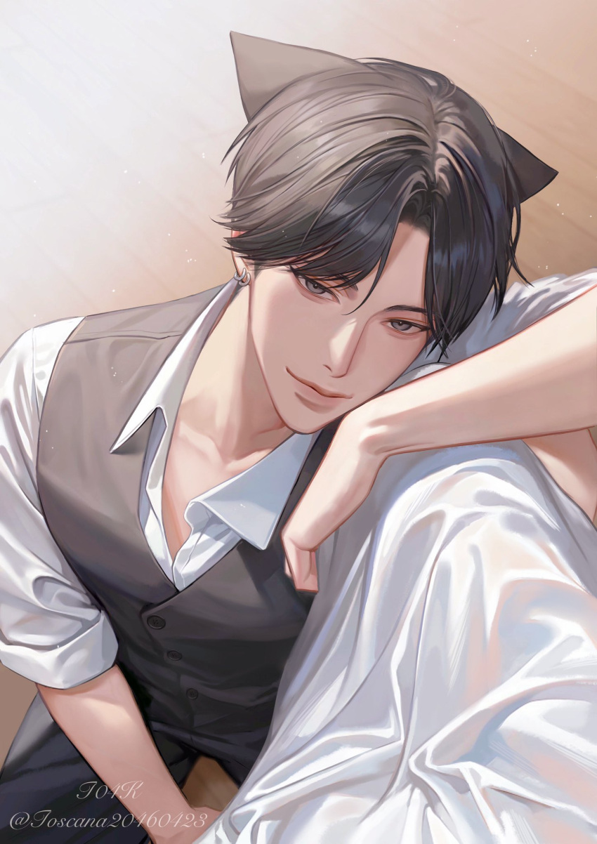 1boy, 1girl, animal_ears, arm_rest, black_hair, buttons, cat_ears, closed_mouth