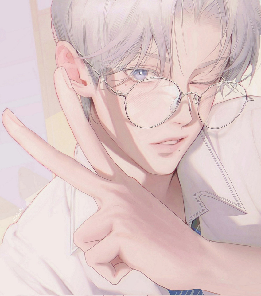 1boy, blue_eyes, blue_necktie, close-up, collared_shirt, from_above, glasses, grey_hair
