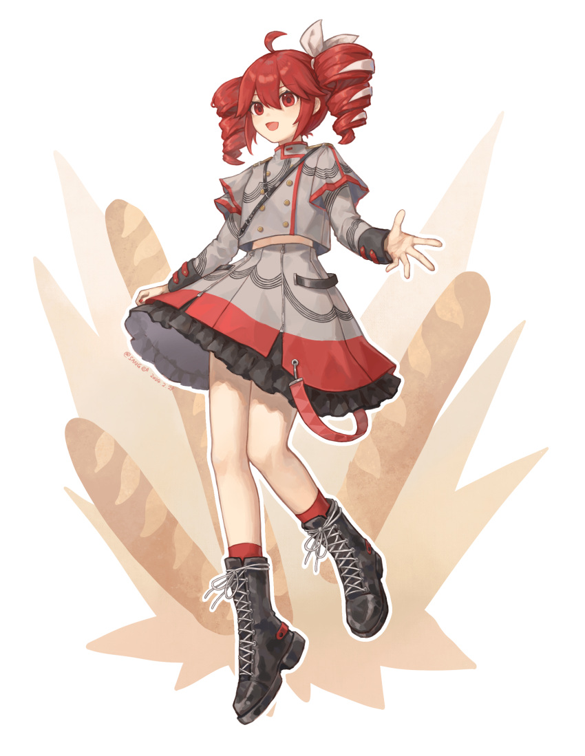 1girl, absurdres, ahoge, baguette, black_footwear, boots, bread, buttons