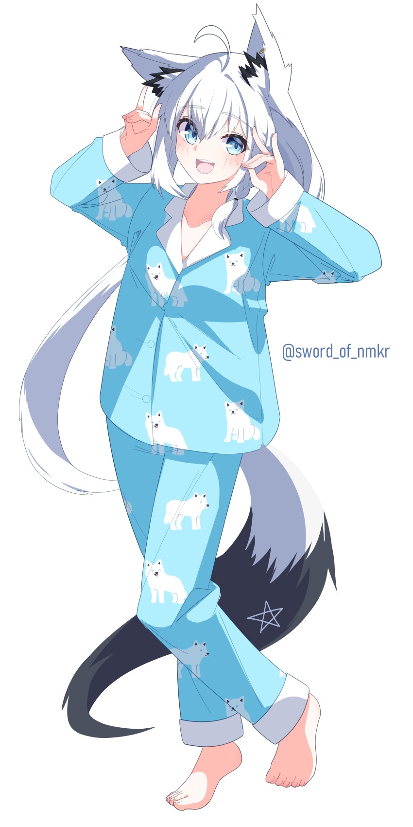 1girl, absurdres, ahoge, alternate_costume, animal_ear_fluff, animal_ears, animal_print, barefoot, blue_eyes, blue_pajamas, blue_pants, blue_shirt, blush, braid, commentary_request, double_fox_shadow_puppet, earrings, fox_ears, fox_girl, fox_print, fox_shadow_puppet, fox_tail, full_body, hands_up, highres, hololive, jewelry, long_hair, low_ponytail, murasame_(sword_of_nmkr), pajamas, pants, shirakami_fubuki, shirt, side_braid, sidelocks, simple_background, single_earring, solo, tail, twitter_username, virtual_youtuber, white_background, white_hair