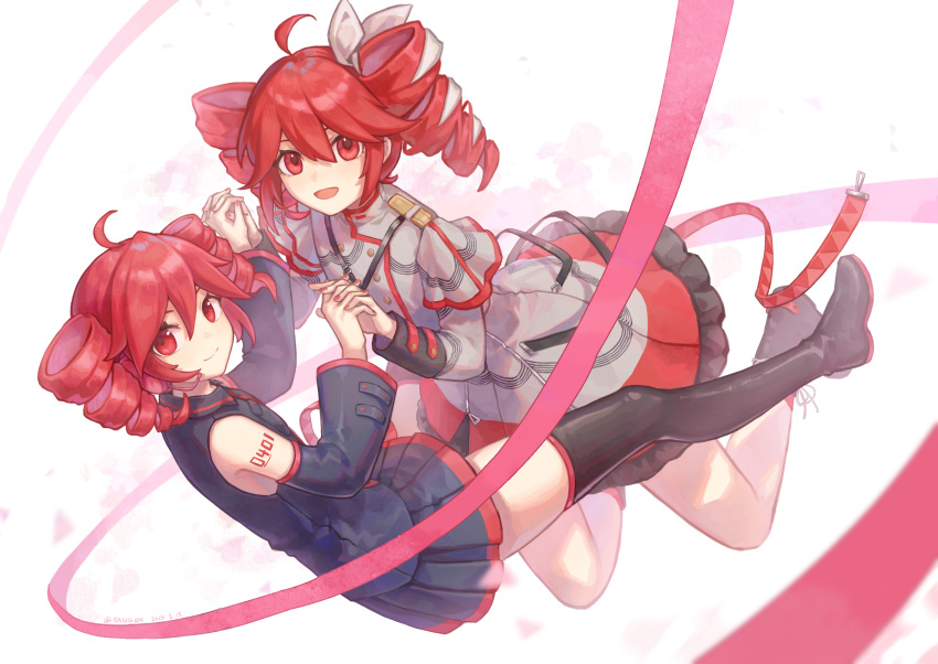2girls, ahoge, black_footwear, black_shirt, black_skirt, black_sleeves, boots, buttons, chinese_commentary, closed_mouth, commentary_request, detached_sleeves, double-breasted, drill_hair, dual_persona, grey_jacket, grey_skirt, hair_between_eyes, hair_ribbon, highres, holding_hands, jacket, kasane_teto, kasane_teto_(sv), long_sleeves, miniskirt, multiple_girls, open_mouth, pleated_skirt, red_eyes, red_socks, red_trim, redhead, ribbon, sang_yu_qwq, shirt, skirt, sleeve_cuffs, sleeveless, sleeveless_shirt, smile, socks, thigh_boots, twin_drills, twintails, utau, white_ribbon