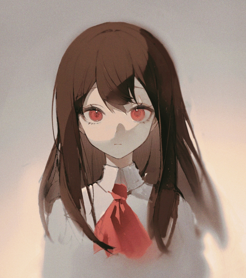 1girl, ascot, brown_background, brown_hair, chinese_commentary, collared_shirt, commentary_request, escapeeverytime
