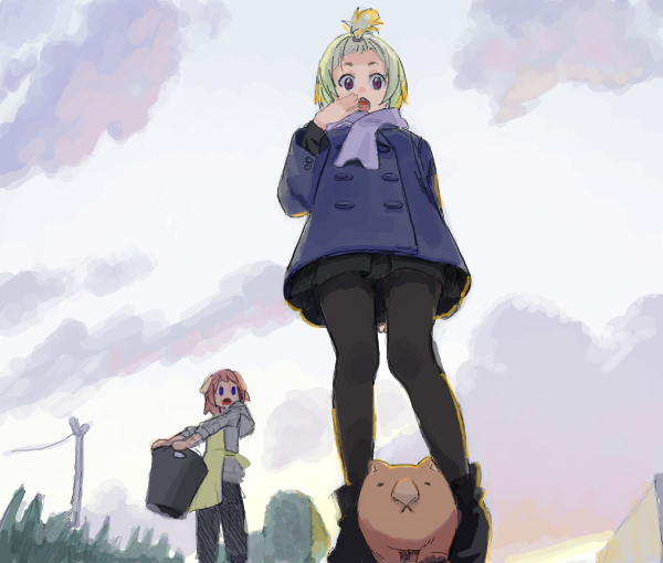 2girls, :o, animal_ears, apron, bad_drawr_id, bad_id, black_footwear, black_pants