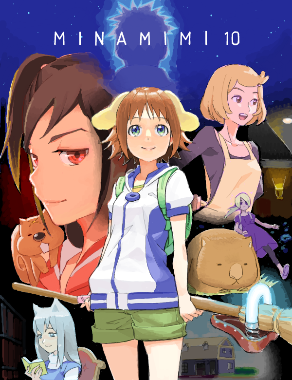 1boy, 5girls, :d, animal, animal_ears, animal_on_shoulder, apron, backpack