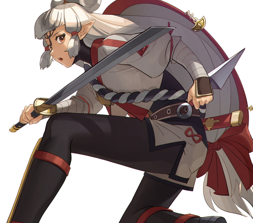 1girl, asagi_(banzoku210), bandaged_arm, bandages, belt, black_bodysuit, bodysuit, bow, bow-shaped_hair, brown_belt, brown_hair, character_request, check_character, commentary_request, dual_wielding, eye_symbol, facial_mark, feet_out_of_frame, forehead_mark, hair_ornament, hat, hat_bow, hat_on_back, highres, holding, holding_knife, holding_sword, holding_weapon, impa, jacket, katana, knife, kunai, long_hair, looking_at_viewer, on_one_knee, open_mouth, pointy_ears, red_bow, red_trim, scabbard, sheath, sheikah, shin_guards, short_sleeves, simple_background, solo, sword, the_legend_of_zelda, weapon, white_background, white_hair, white_hat, white_jacket