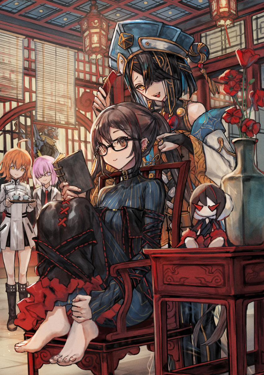 1boy, 4girls, absurdres, ahoge, bare_shoulders, barefoot, black_dress, black_footwear