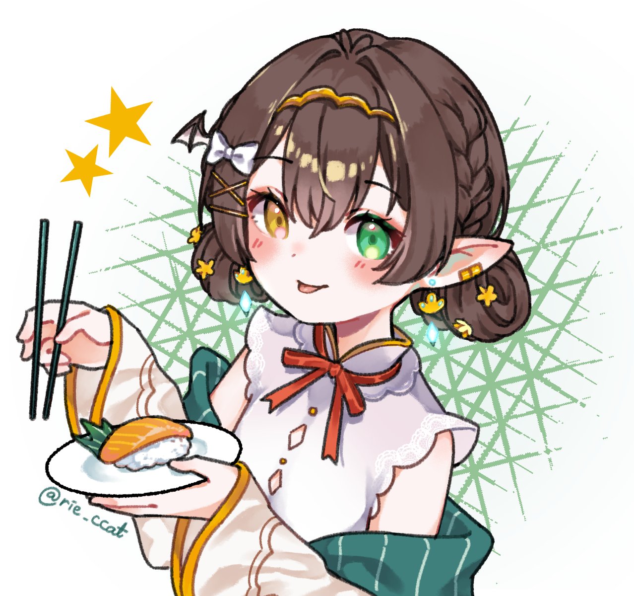 black_hair, blush, bow, bowtie, braid, chopsticks, detached_sleeves, food