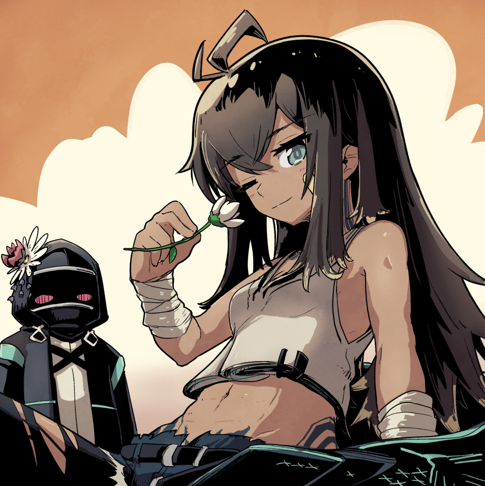 1girl, 1other, abs, ahoge, aqua_eyes, arknights, bandaid, bandaid_on_cheek