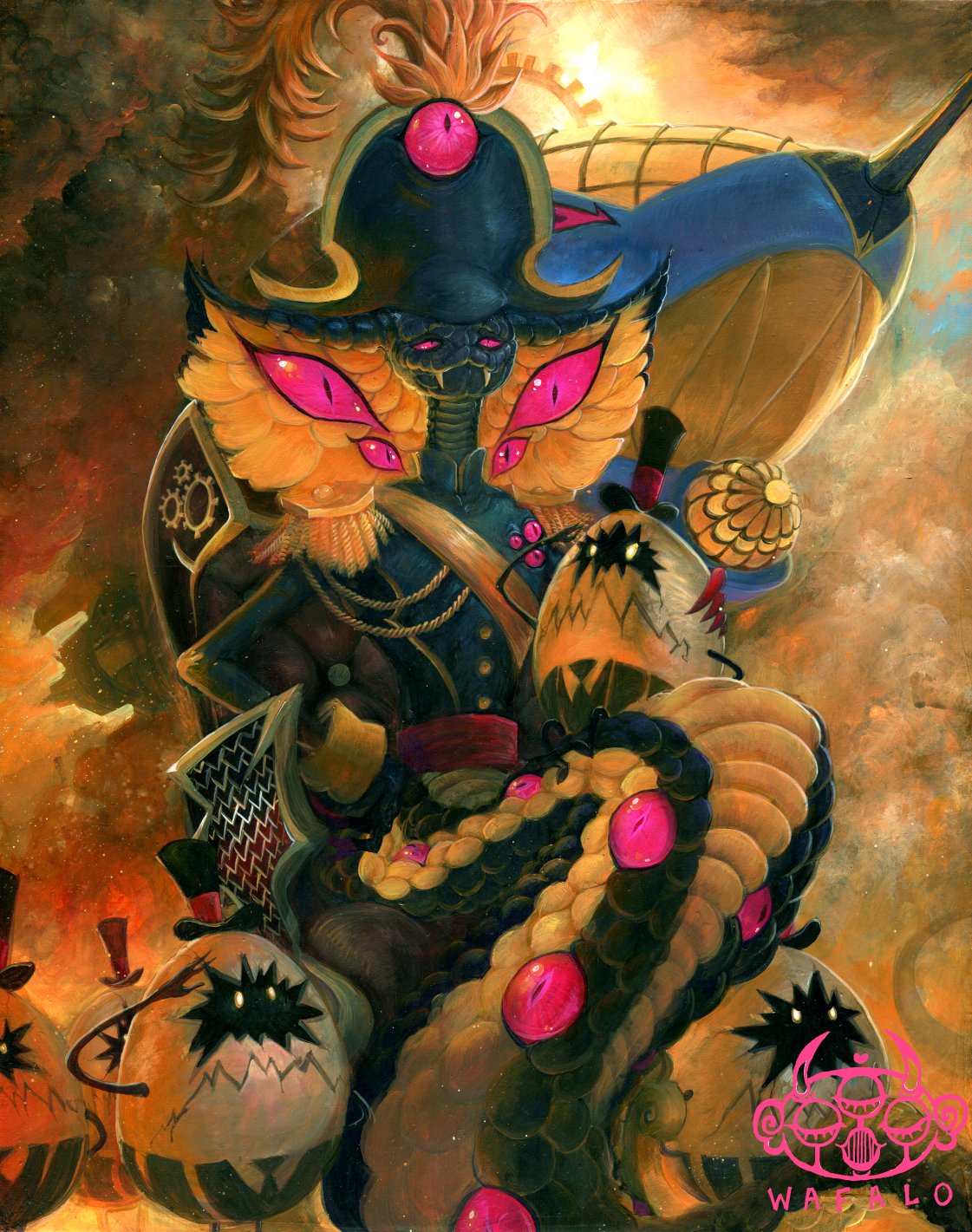 1boy, 5others, acrylic_paint_(medium), aircraft, airship, artist_logo, character_request, claws