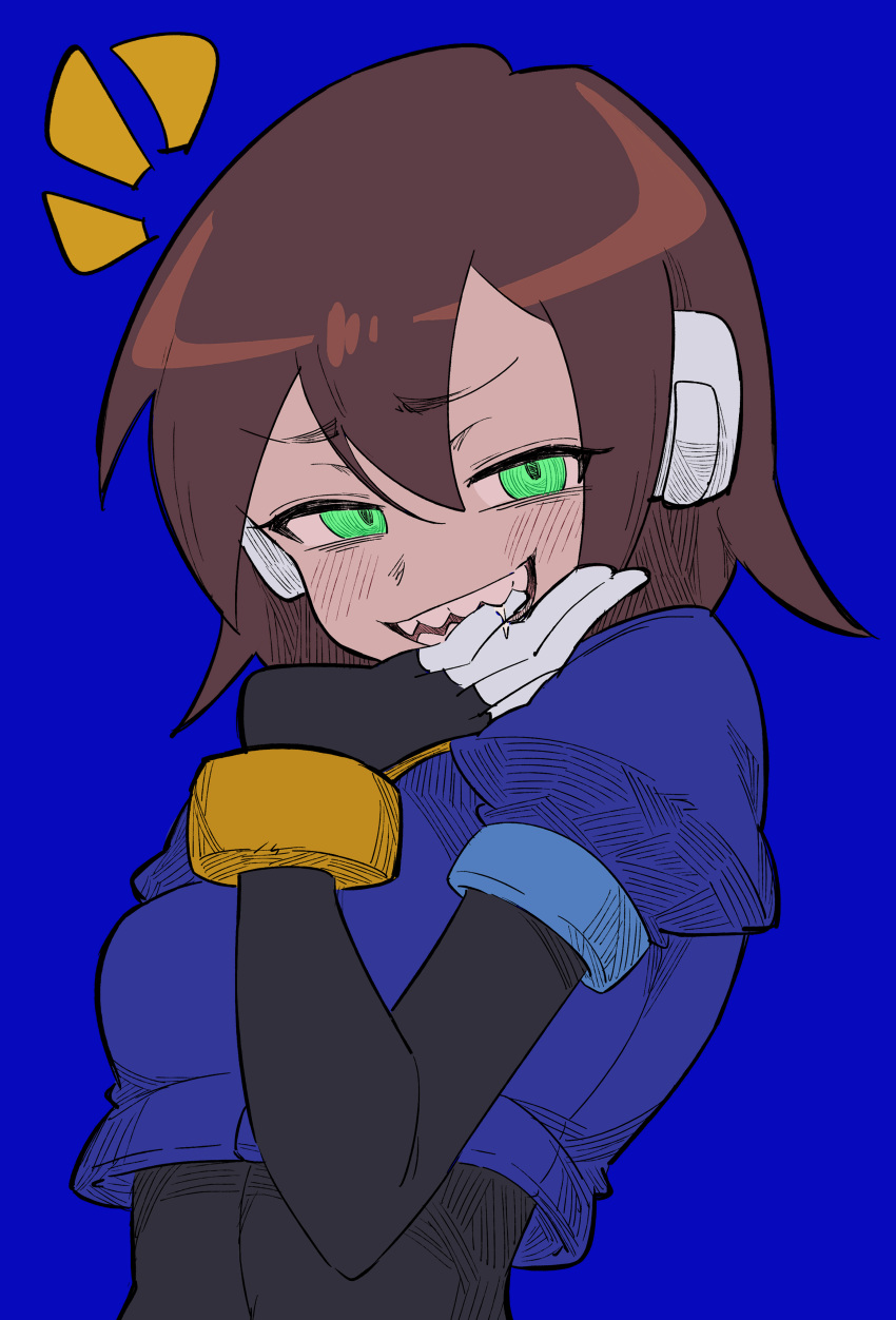1girl, absurdres, aile_(mega_man_zx), black_bodysuit, blue_background, blush, bodysuit, bodysuit_under_clothes