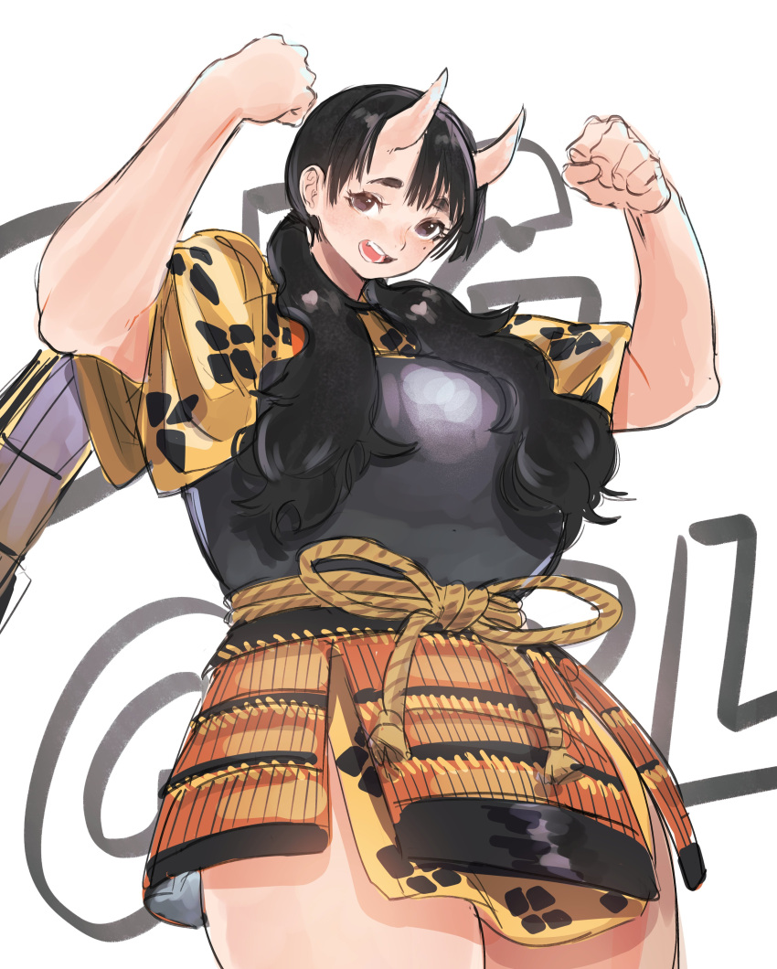 1girl, :d, absurdres, armor, black_eyes, black_hair, blunt_bangs, breastplate, chipped_tooth, commentary, dungeon_meshi, english_commentary, english_text, fang, flexing, highres, horns, inutade, japanese_armor, japanese_clothes, kimono, kusazuri, looking_at_viewer, low_twintails, mole, mole_under_eye, muscular, muscular_female, oni, reallycute456, sash, short_kimono, skin-covered_horns, smile, solo, thick_thighs, thighs, twintails, white_background, yellow_kimono