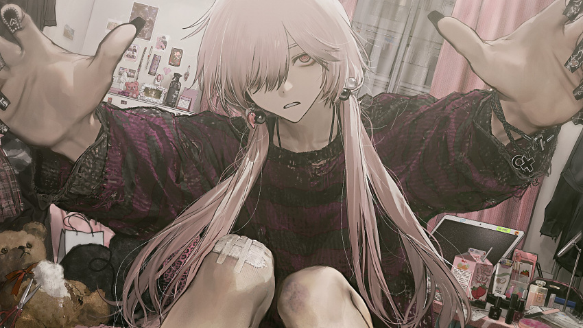 1girl, arms_up, bag, black_coat, black_nails, black_sweater, bracelet, bruise