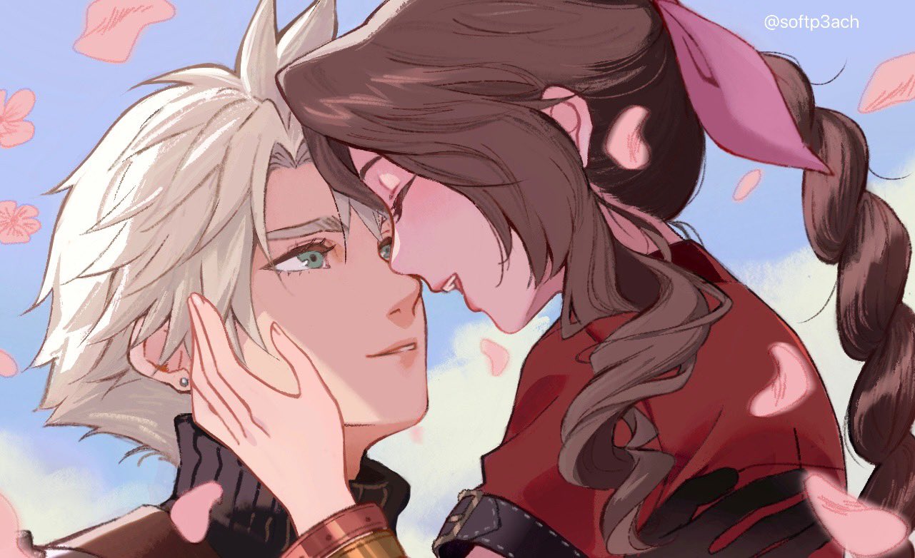 1boy, 1girl, aerith_gainsborough, armor, bangle, blonde_hair, blue_eyes, blue_sky