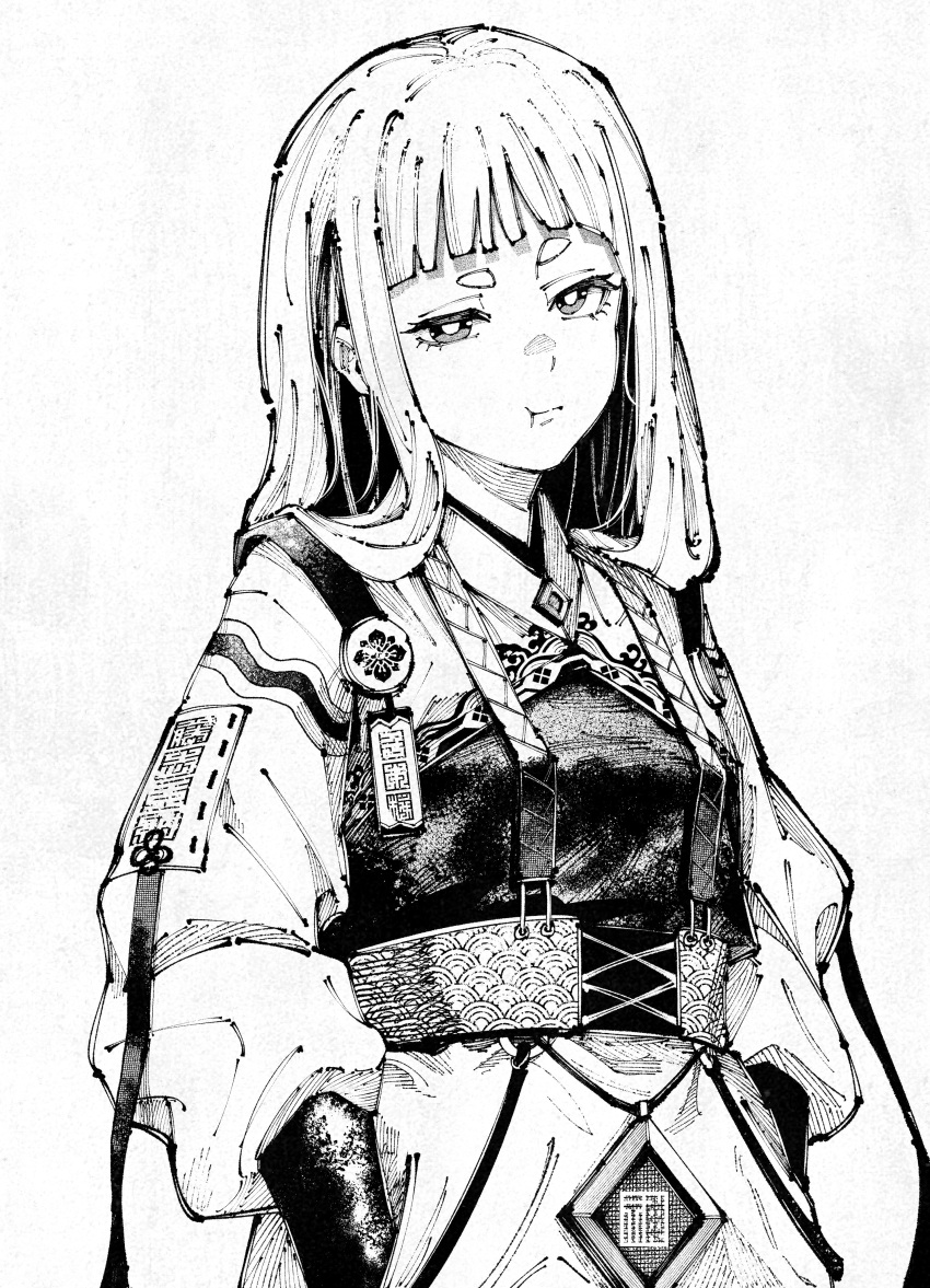 1girl, :t, absurdres, black_eyes, blunt_bangs, breasts, brooch, closed_mouth