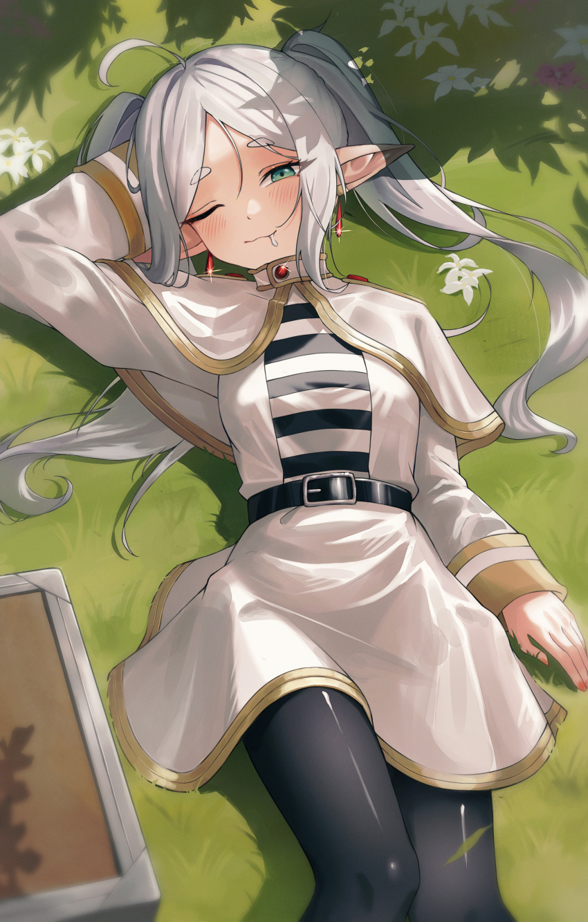1girl, :3, absurdres, ahoge, black_pantyhose, capelet, closed_mouth, commentary