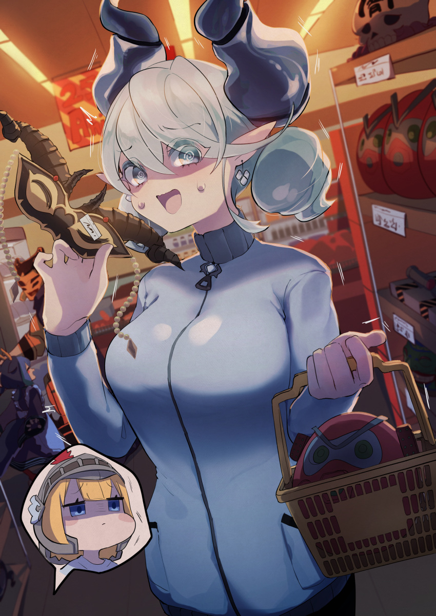 1boy, 3girls, @_@, absurdres, apron, blonde_hair, blue_eyes, blue_hair, breasts, c_civciv, closed_eyes, demon_girl, demon_horns, destructive_daruma_karma_cannon, dragon_girl, dragon_horns, dragon_tail, dress, duel_monster, eldlich_the_golden_lord, eradicator_epidemic_virus, grey_eyes, grey_hair, helmet, highres, horns, indoors, knight_(yu-gi-oh!), lace-trimmed_apron, lace_trim, large_breasts, laundry_dragonmaid, long_sleeves, lovely_labrynth_of_the_silver_castle, maid, maid_apron, mixed_maids, multiple_girls, open_mouth, plume, pointy_ears, pot_of_greed, red_reboot, short_hair, sweat, tail, the_black_goat_laughs, track_suit, twintails, wa_maid, white_horns, yu-gi-oh!
