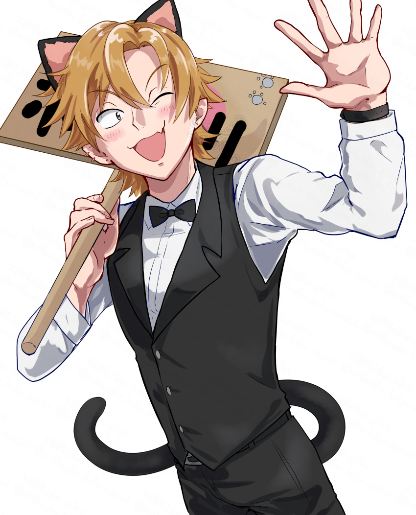 1boy, absurdres, animal_ears, black_bow, black_bowtie, black_pants, black_vest, blonde_hair, bow, bowtie, bucchigiri?!, cat_tail, fake_animal_ears, fang, hair_between_eyes, highres, long_sleeves, momotari_shujiro, mtblue_plus, one_eye_closed, pants, shirt, short_hair, skin_fang, solo, standing, tail, traditional_bowtie, vest, white_shirt