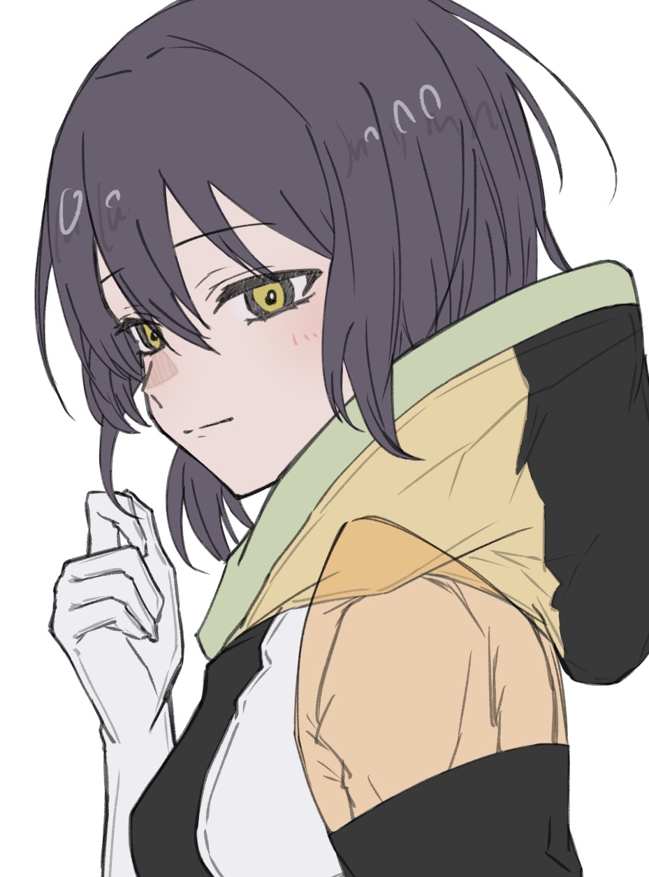 1girl, breasts, closed_mouth, covered_collarbone, elbow_gloves, eyes_visible_through_hair, gina_(gnosia), gloves