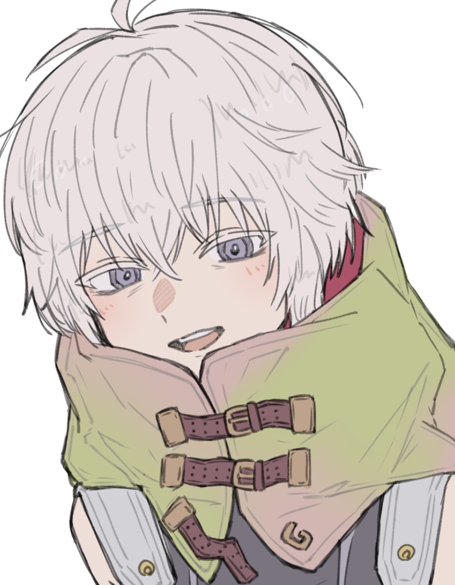 1boy, bags_under_eyes, bare_shoulders, detached_sleeves, gloves, gnosia, grey_eyes, grey_hair