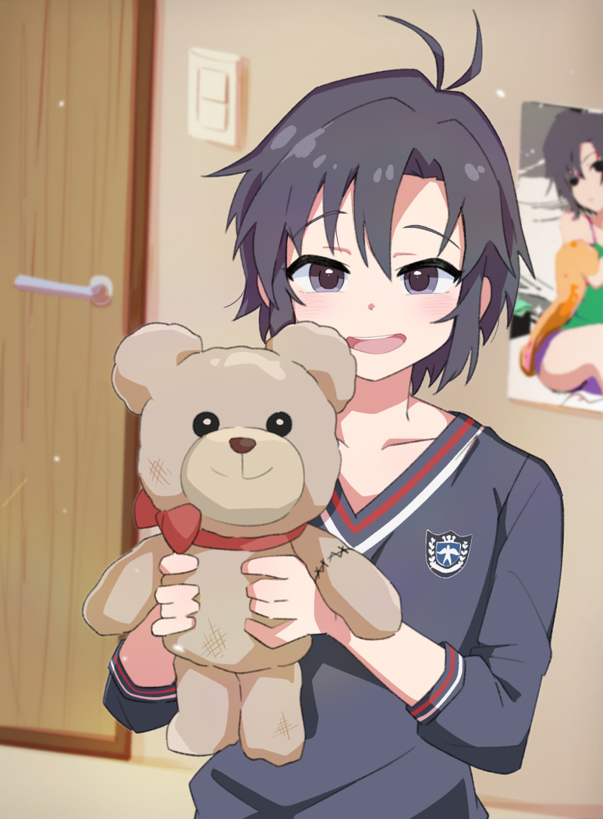 1girl, antenna_hair, black_hair, blush, bromide, collarbone, doll, flat_chest