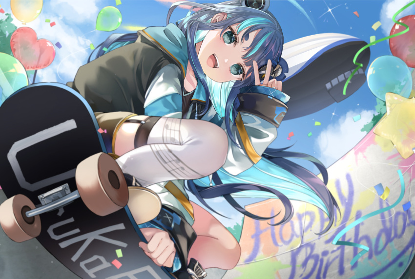 1girl, :d, aircraft, aqua_eyes, aqua_hair, balloon, blue_hair, blue_sky
