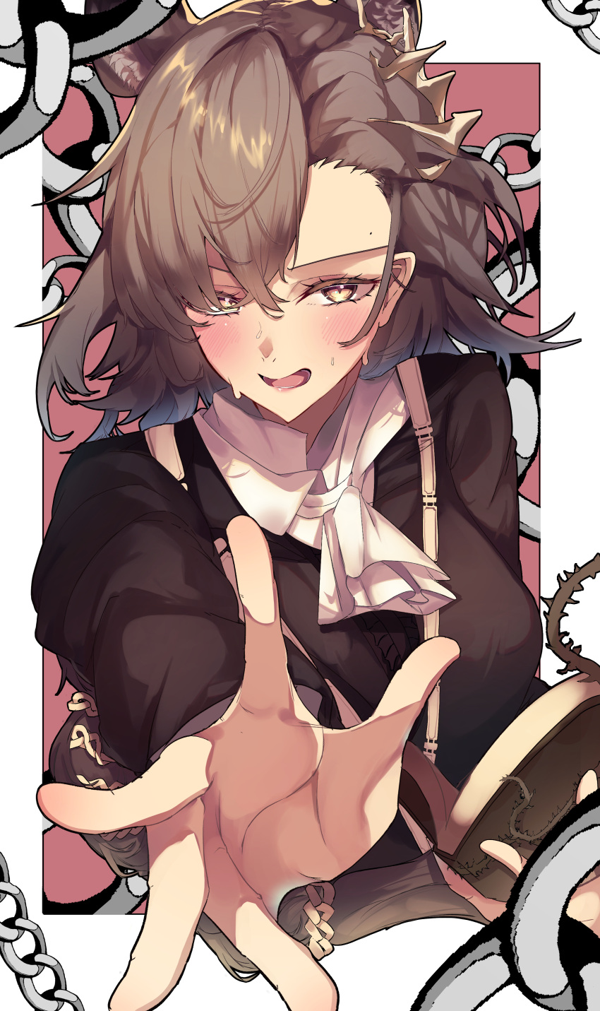 1girl, 80illu, absurdres, animal_ear_fluff, animal_ears, arknights, ascot, asymmetrical_bangs, asymmetrical_hair, blazer, blush, book, border, braid, breasts, brown_hair, brown_jacket, chain, commentary, crossed_bangs, embarrassed, extra_ears, foreshortening, hair_between_eyes, hair_ornament, hair_over_one_eye, hairclip, hand_up, highres, holding, holding_book, jacket, large_breasts, lips, long_hair, long_sleeves, looking_at_viewer, lower_teeth_only, mole, mole_above_eye, open_book, open_hand, open_mouth, outside_border, outstretched_arm, palms, penance_(arknights), reaching, reaching_towards_viewer, red_background, simple_background, single_braid, solo, spread_fingers, standing, sweat, teeth, tongue, upper_body, v-shaped_eyebrows, very_long_hair, wavy_mouth, white_ascot, white_border, wing_collar, wolf_ears, wolf_girl