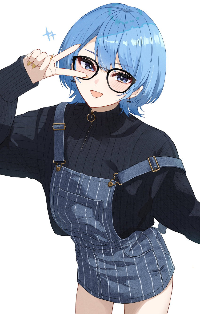 1girl, :d, absurdres, alternate_costume, black-framed_eyewear, black_sweater, blue_eyes, blue_hair