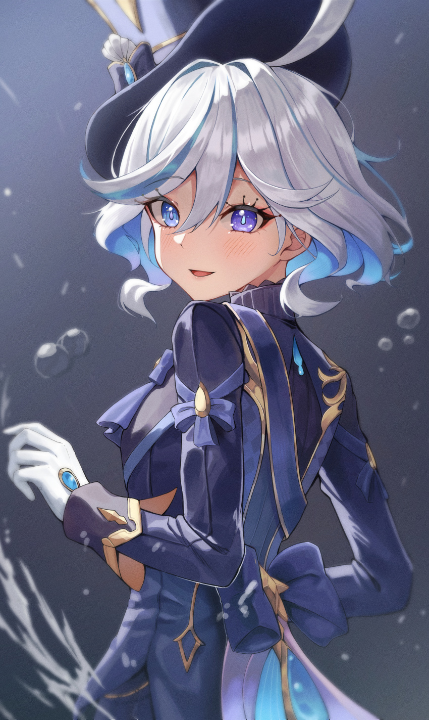 1girl, :d, absurdres, ahoge, air_bubble, blue_eyes, blurry, bubble