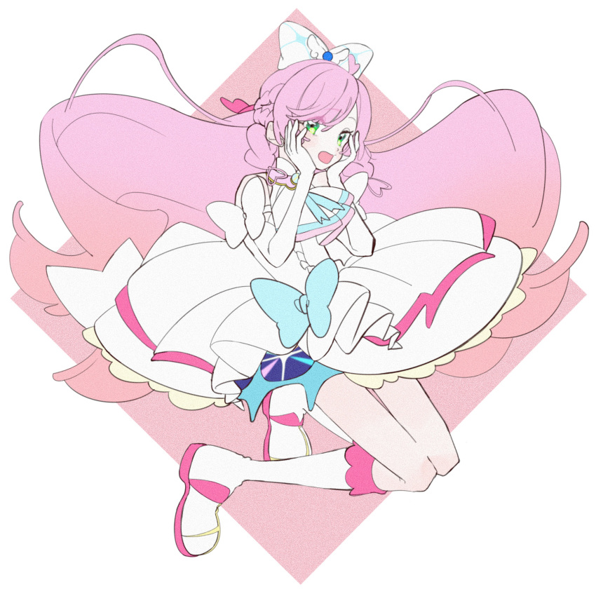 1girl, 35kawaiiprpr, ascot, blue_bow, boots, bow, braid, brooch