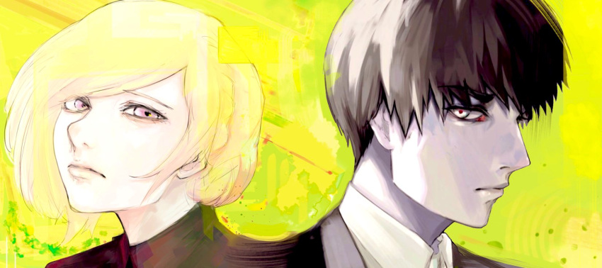 1boy, 1girl, amon_koutarou, black_hair, black_suit, blonde_hair, bob_cut, facing_to_the_side