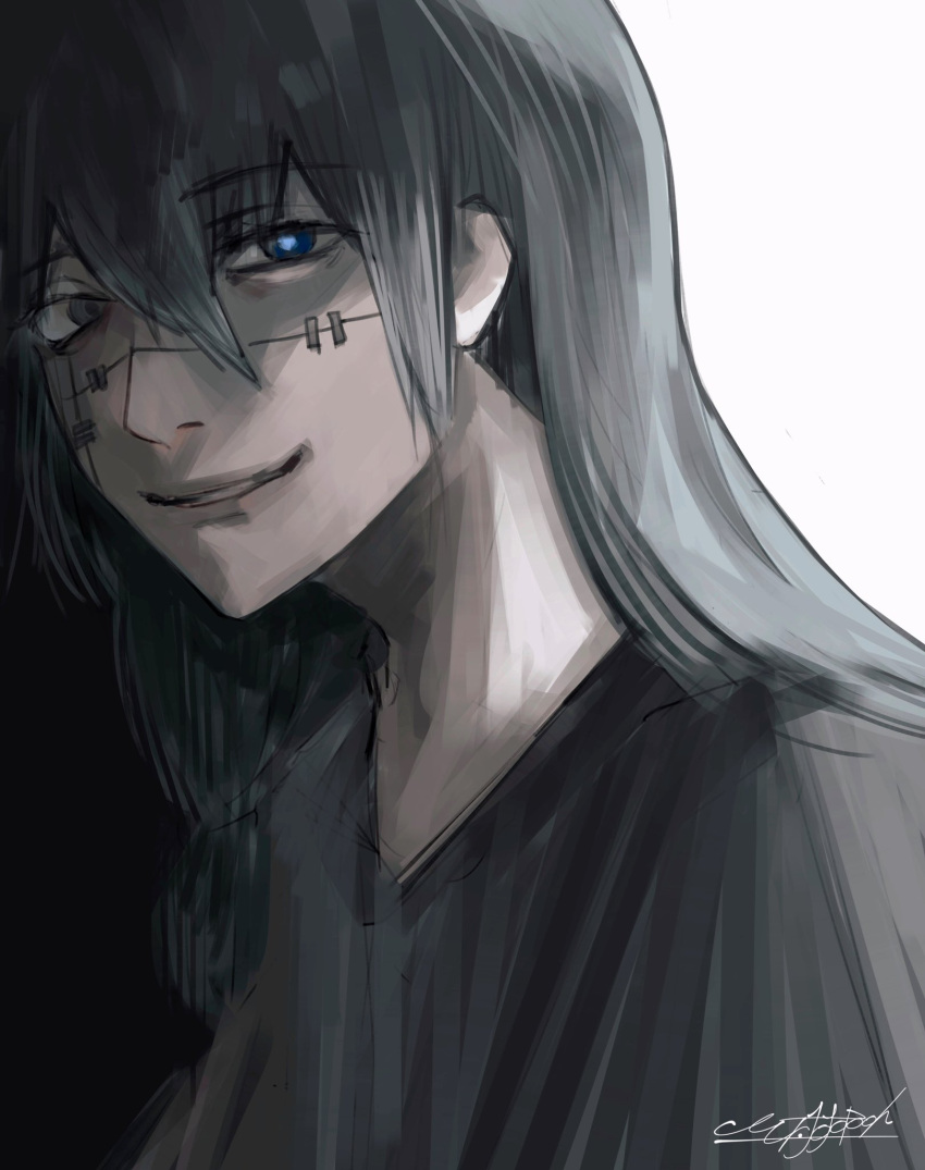 1boy, black_shirt, blue_eyes, blue_hair, grey_eyes, heterochromia, highres, jobjobpooh131