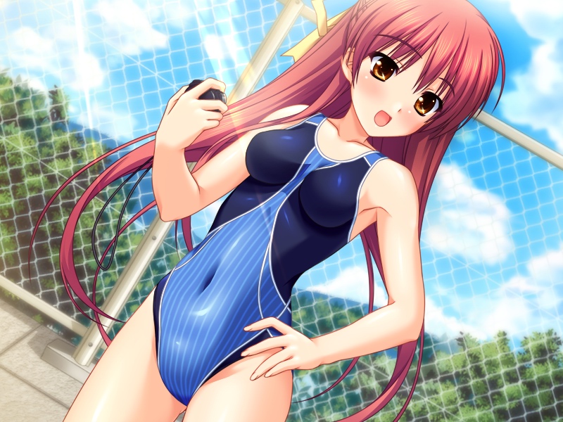 :d, armpits, blush, breasts, chainlink_fence, cloud, competition_swimsuit, dutch_angle, fence, game_cg, hair_ribbon, hand_on_hip, impossible_clothes, impossible_swimsuit, long_hair, minase_rin, minase_rin_(splash!), navel, one-piece_swimsuit, open_mouth, outdoors, pink_hair, pool, poolside, redhead, ribbon, skin_tight, sky, smile, solo, splash!, standing, stopwatch, striped, striped_swimsuit, swimsuit, timer, very_long_hair, watch, yellow_eyes