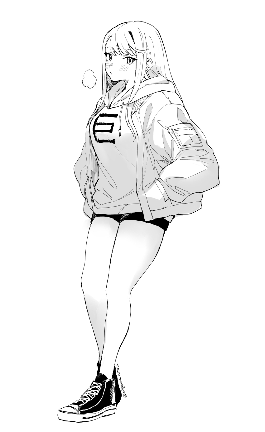 1girl, artist_name, asymmetrical_bangs, bare_legs, blush, breasts, breathing, chieri_no_koi_wa_8_meter