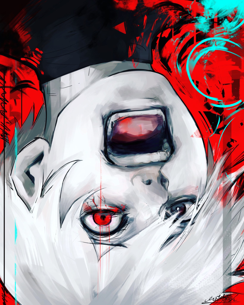 1boy, black_shirt, cracked_skin, glowing, glowing_eye, grey_eyes, highres, jobjobpooh131, kaneki_ken, male_focus, multicolored_background, open_mouth, red_background, red_eyes, screaming, shirt, solo, solo_focus, tokyo_ghoul, turtleneck, upside-down, white_hair