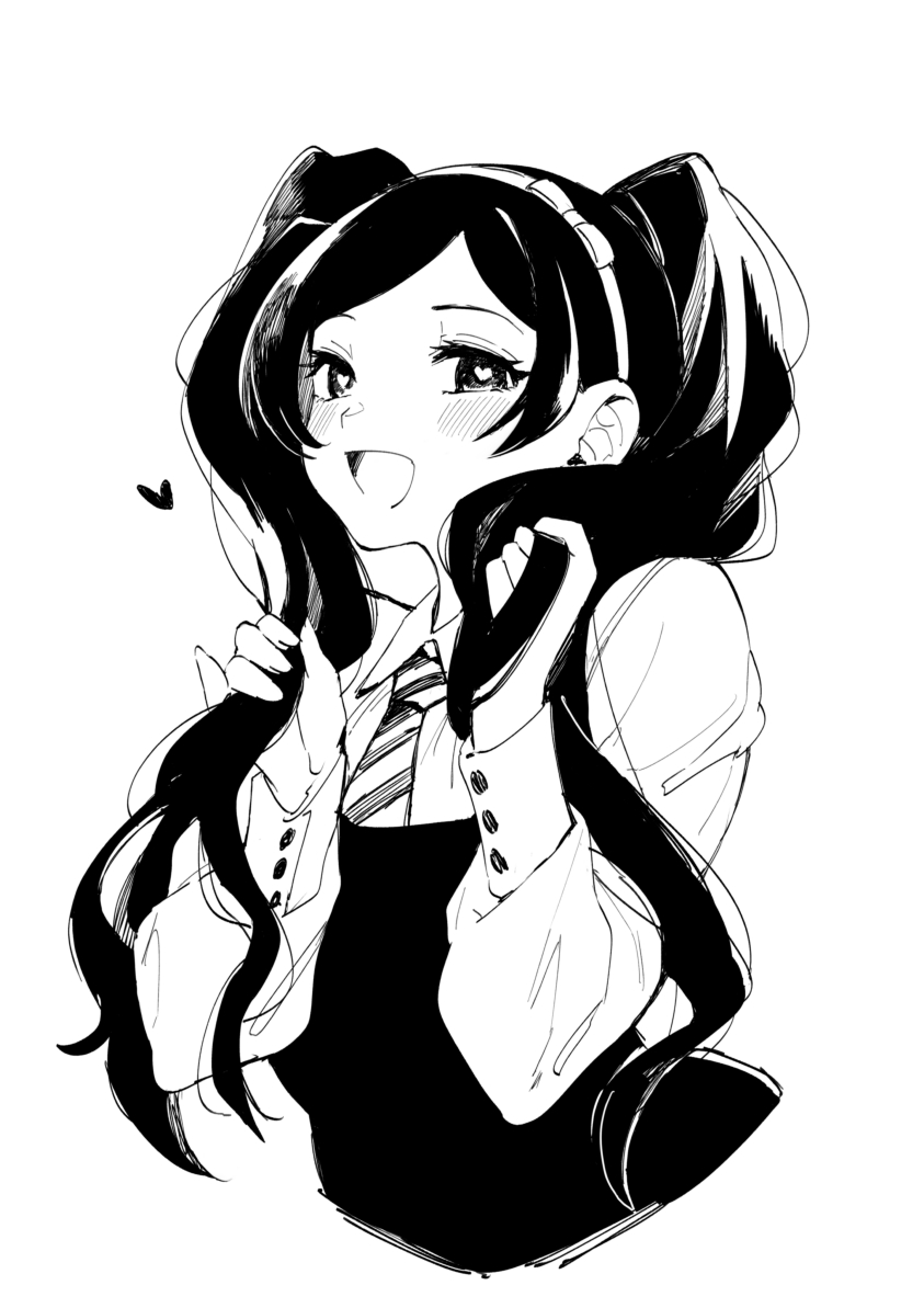 1girl, :d, black_hair, blush, breasts, collared_shirt, dot_nose, dress