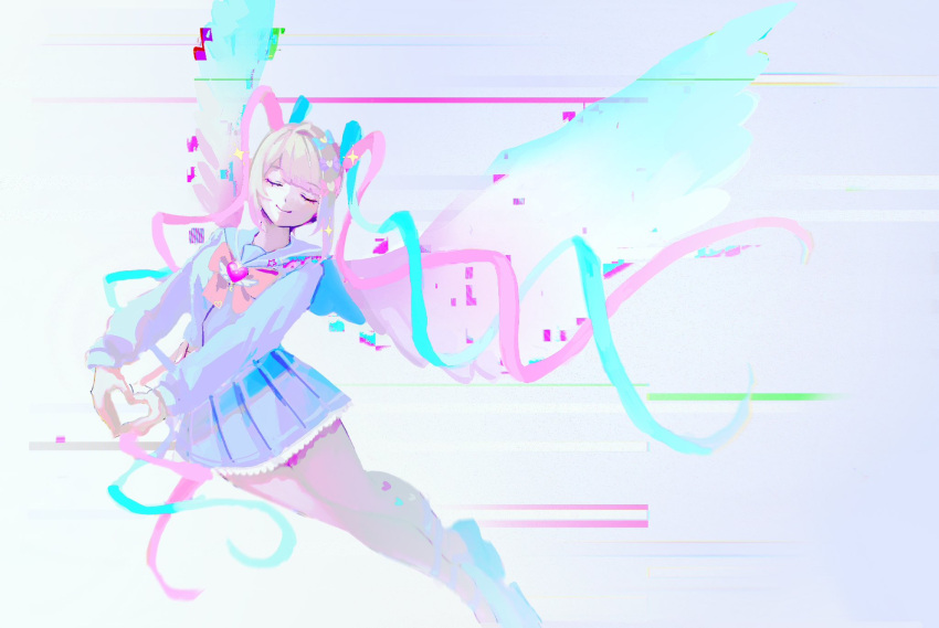 1girl, chouzetsusaikawa_tenshi-chan, closed_eyes, facing_viewer, flying, glitch, heart, heart_hands