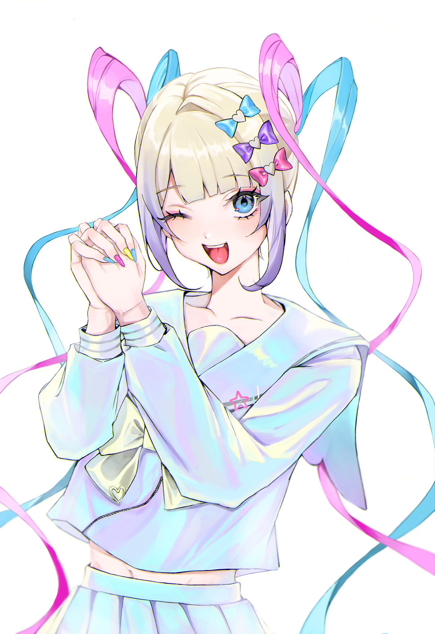 1girl, blue_eyes, blush, chouzetsusaikawa_tenshi-chan, highres, interlocked_fingers, long_hair, looking_at_viewer