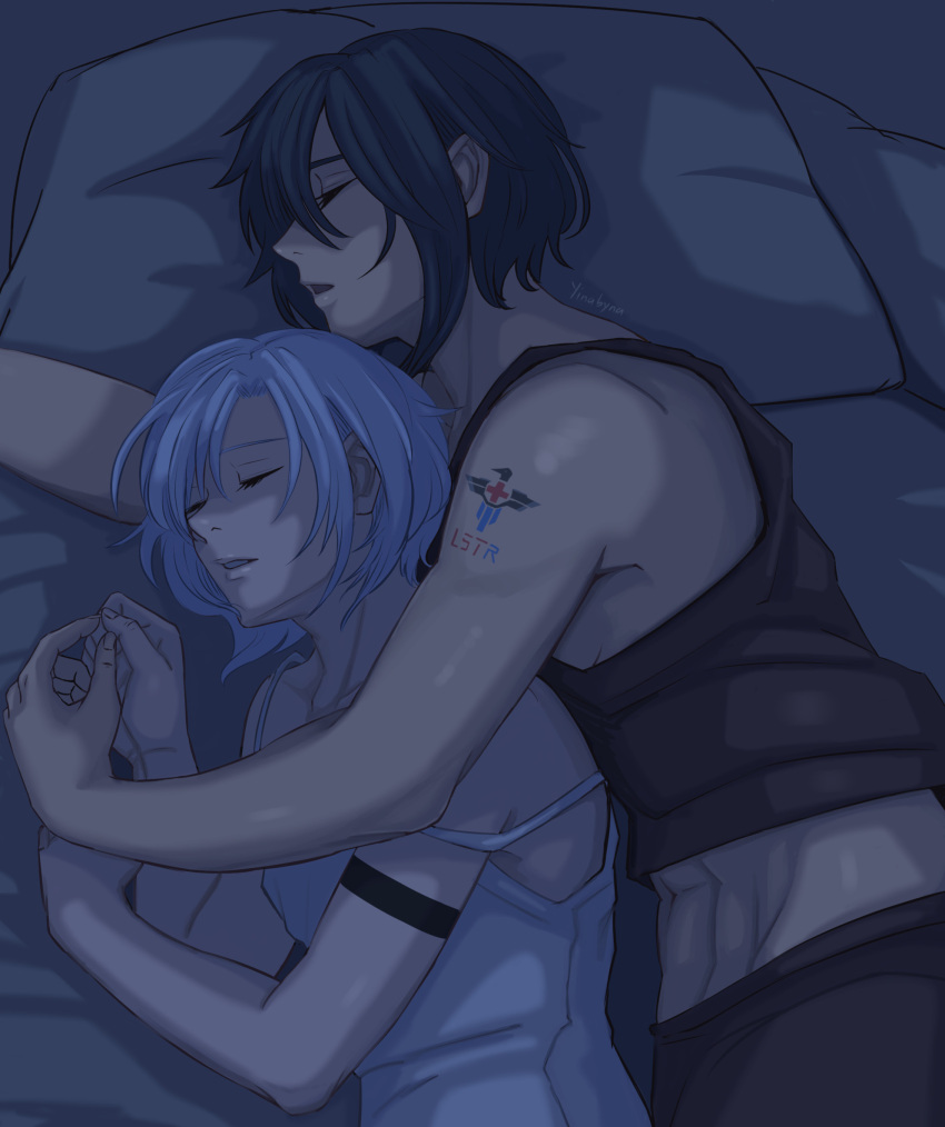 2girls, abs, ariane_yeong, arm_tattoo, black_hair, camisole, closed_eyes, elster_(signalis), highres, hug, humanization, multiple_girls, short_hair, signalis, sleeping, sleeveless, tattoo, white_hair, yinabyna, yuri