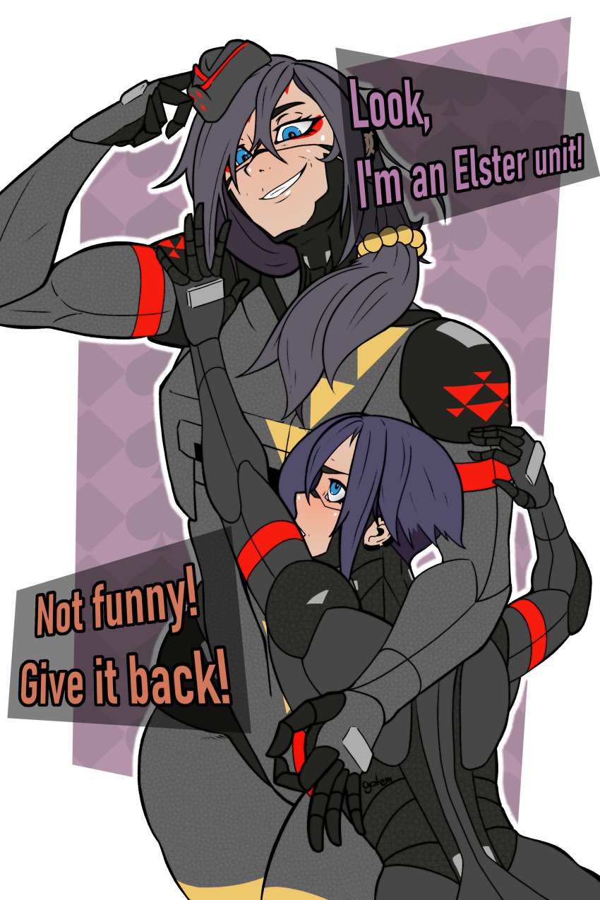 2girls, absurdres, android, artist_request, cyberpunk, elster_(signalis), english_commentary, falke_(signalis)