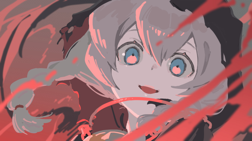 1girl, blue_eyes, braid, close-up, curse_maker, curse_maker_2, grey_hair, highres, hood, hood_up, looking_at_viewer, medium_hair, mya-zawa, open_mouth, sekaiju_no_meikyuu, sekaiju_no_meikyuu_1, sketch, smile, solo, twin_braids