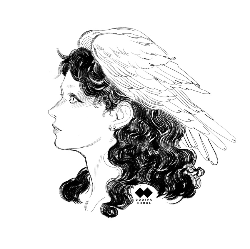 1girl, artist_logo, artist_name, breasts, cropped_head, earrings, eyeliner, feathered_wings