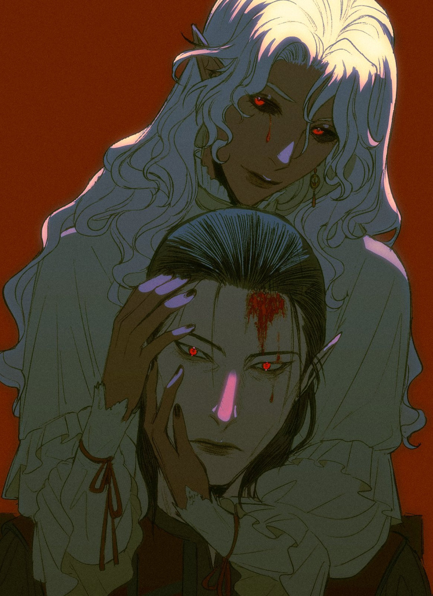 2boys, androgynous, baldur's_gate, baldur's_gate_3, black_hair, black_nails, black_sclera, bleeding_from_forehead, blood, blood_from_eyes, blood_on_face, cazador_(baldur's_gate), colored_sclera, commentary, constricted_pupils, dungeons_&amp;_dragons, earrings, elf, english_commentary, expressionless, frilled_shirt, frilled_shirt_collar, frills, glowing, glowing_eyes, hands_on_another's_face, head_on_head, head_rest, highres, jewelry, long_hair, long_sleeves, looking_at_viewer, male_focus, medium_hair, multiple_boys, pointy_ears, portrait, red_background, red_eyes, shirt, simple_background, single_earring, vampire, vellioth, viol_vrt, wavy_hair, white_hair, white_shirt