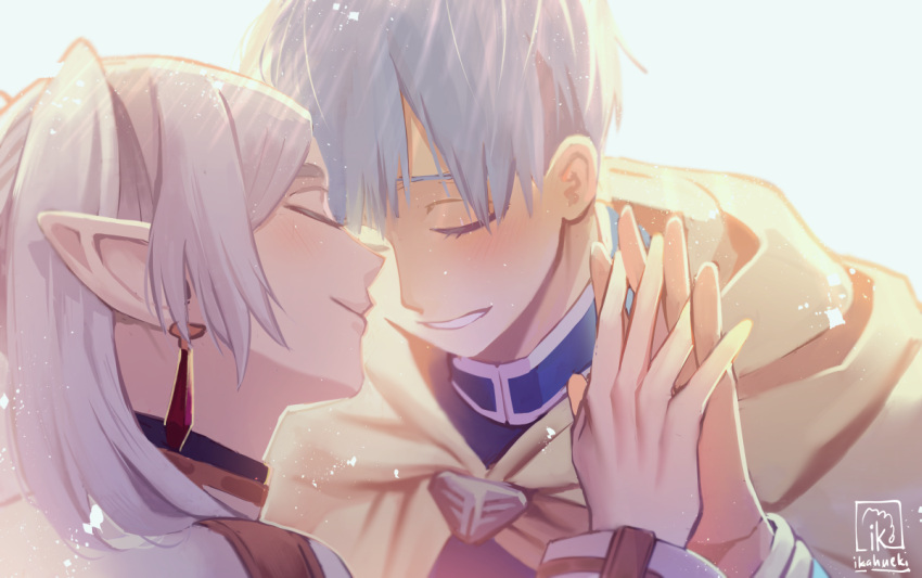1boy, 1girl, blue_hair, brooch, cloak, closed_eyes, earrings, frieren, hetero, himmel_(sousou_no_frieren), holding_hands, ikahueki, interlocked_fingers, jewelry, pointy_ears, smile, sousou_no_frieren, sparkle, twintails, white_background, white_hair
