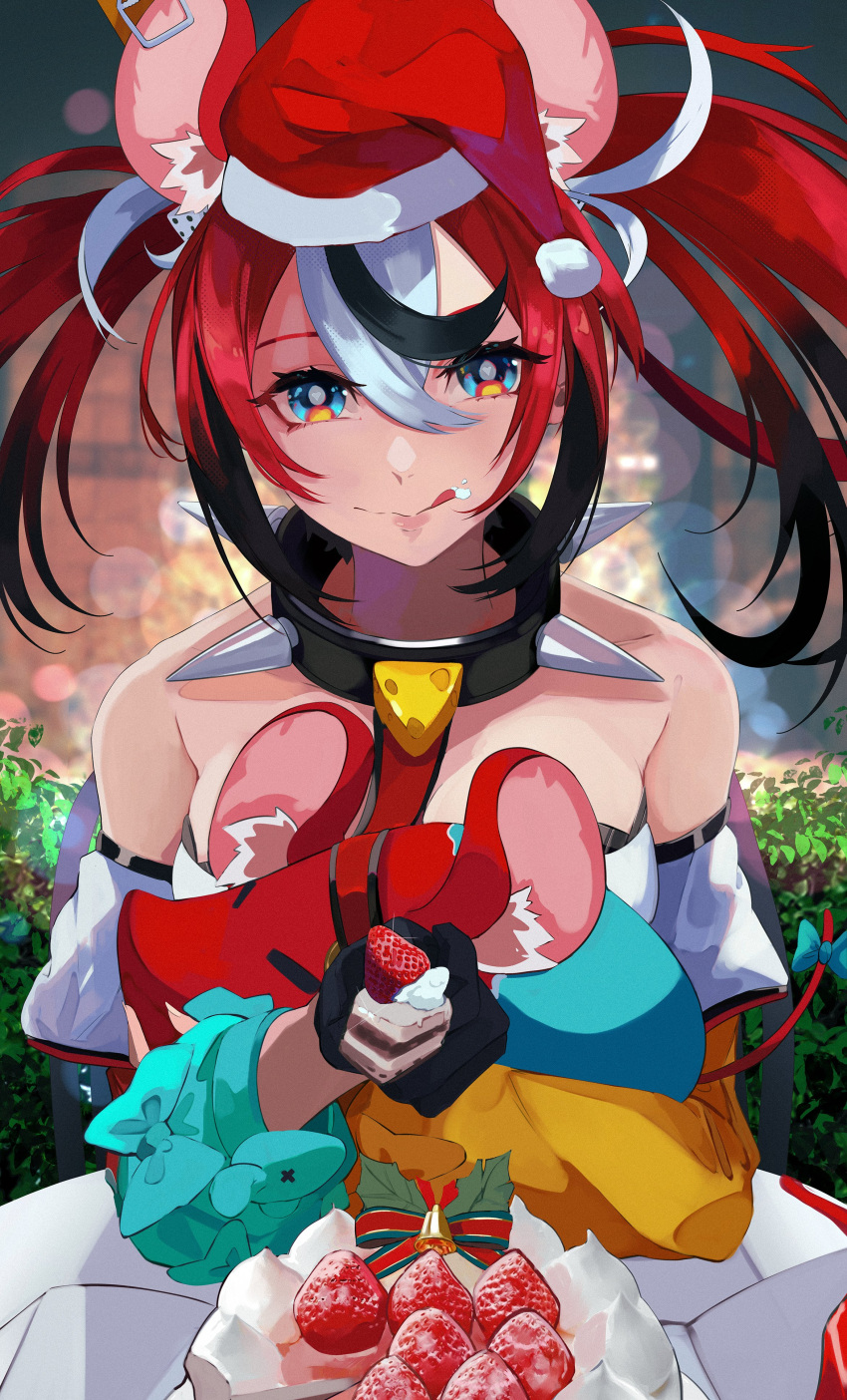 1girl, :p, absurdres, animal_ears, bell, black_hair, cake, cake_slice